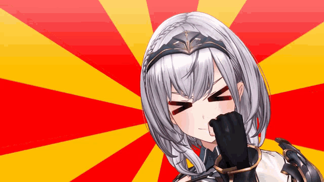 a girl with gray hair and black gloves is making a face