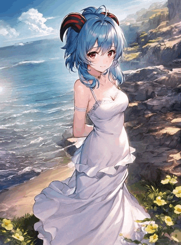 a blue haired anime girl in a white dress is standing on a beach