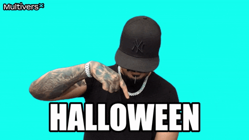 a man wearing a hat and a necklace with the word halloween written on it
