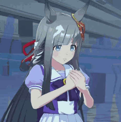 a girl with long black hair and horns is wearing a purple dress