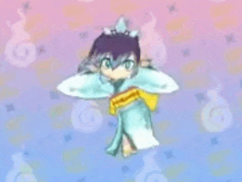 a cartoon character is flying through the air with a kimono on .