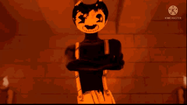 bendy from bendy and the ink machine is standing with his arms crossed in an orange room .