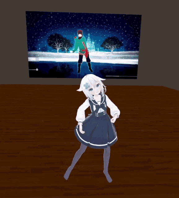 a girl in a blue dress is standing in front of a wall with a picture of a man on it