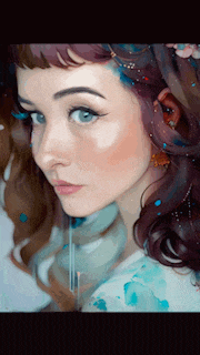 a painting of a woman 's face with blue eyes