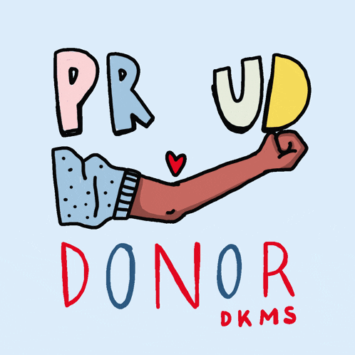 a cartoon drawing of a fist holding a heart and the words proud donor dkms