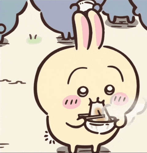 a cartoon drawing of a rabbit with a cup of coffee in its mouth