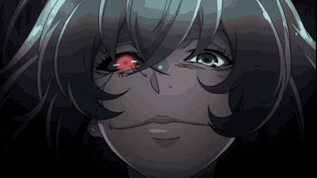 a close up of a cartoon character with red eyes