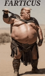 a fat man in a spartan costume is holding a spear and the word farticus is on the bottom