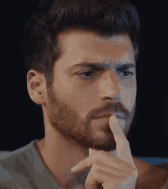 a close up of a man with a beard holding his finger to his lips .