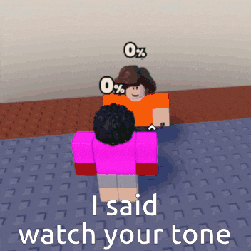 a girl in a pink shirt is standing next to a man in an orange shirt and says " i said watch your tone "
