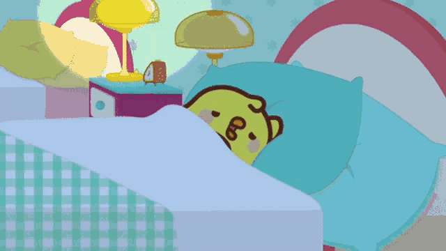 a cartoon character is laying on a bed next to a nightstand and a lamp