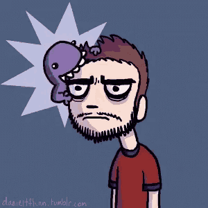 a cartoon of a man with a beard and a purple dinosaur on his head