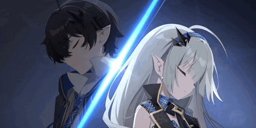 a boy and a girl standing next to each other with a blue light behind them