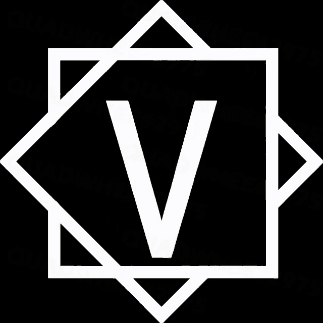 a white logo with the letter v in the center