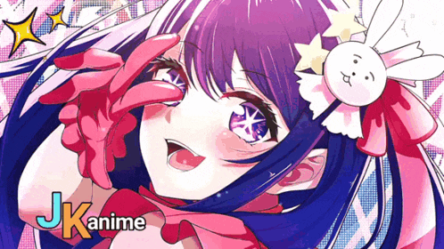a picture of a girl with purple hair and a bunny on her head says jk anime