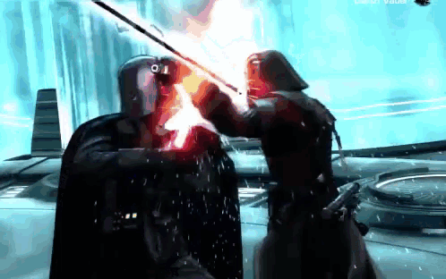 darth vader and a storm trooper are fighting in a video game scene