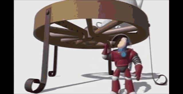 a toy story character is standing under a wooden wheel
