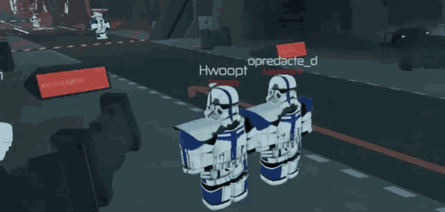 a group of stormtroopers are in a video game with the name hwoopt visible