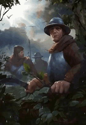 a man in armor is holding a knife in a painting