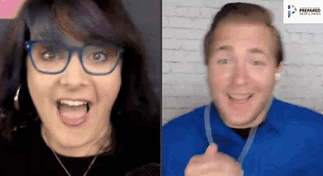 a woman wearing glasses and a man wearing a blue scrub are having a video call .