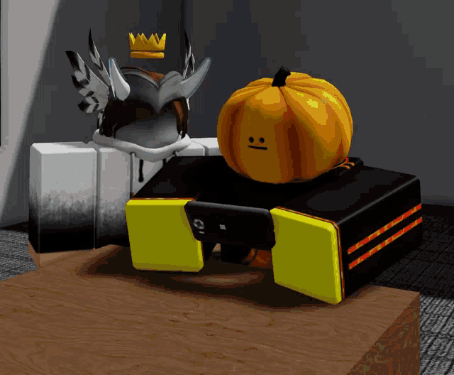 a pumpkin with a face on it sits next to a person with a crown