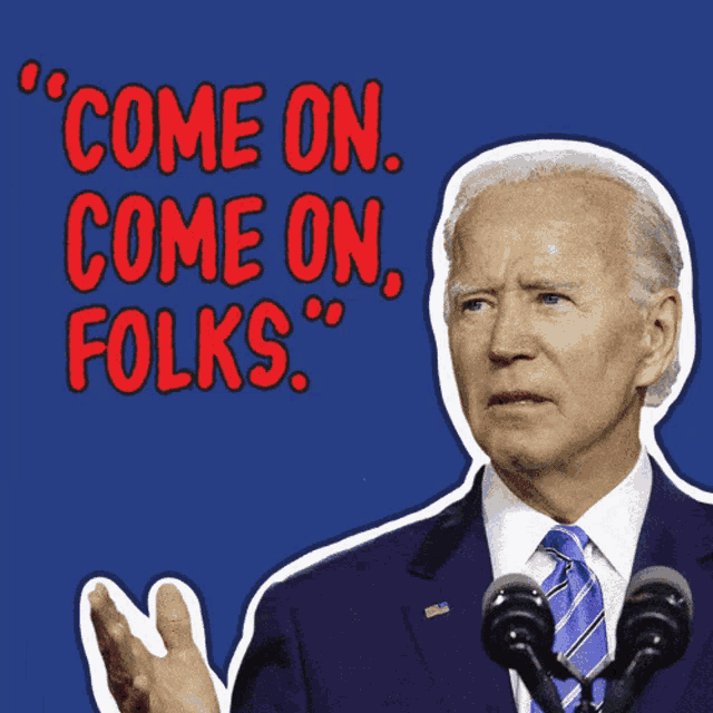 a man in a suit and tie stands in front of a microphone with the words " come on come on folks " behind him