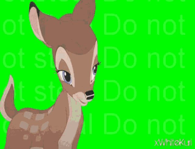 a cartoon deer is standing in front of a green screen that says do not .