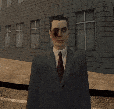 a man with blood on his face is standing next to another man in a suit