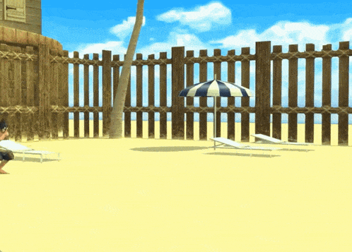 a blue and white striped umbrella sits on a beach