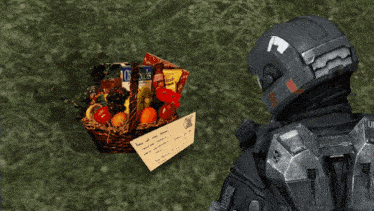 a man in a helmet stands next to a basket of fruit and snacks with a note that says " have us your way "