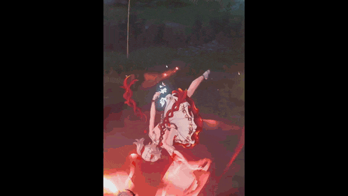 a girl in a white and red dress is standing in a field with a clock that says 10:56