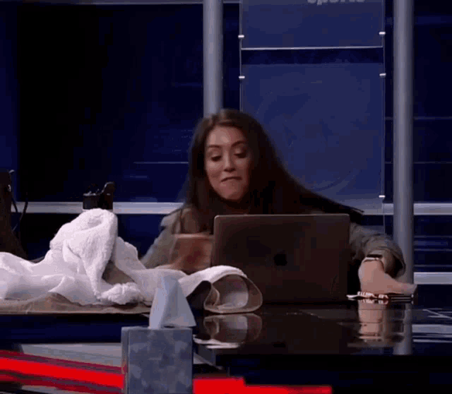 a woman is sitting at a desk with a laptop