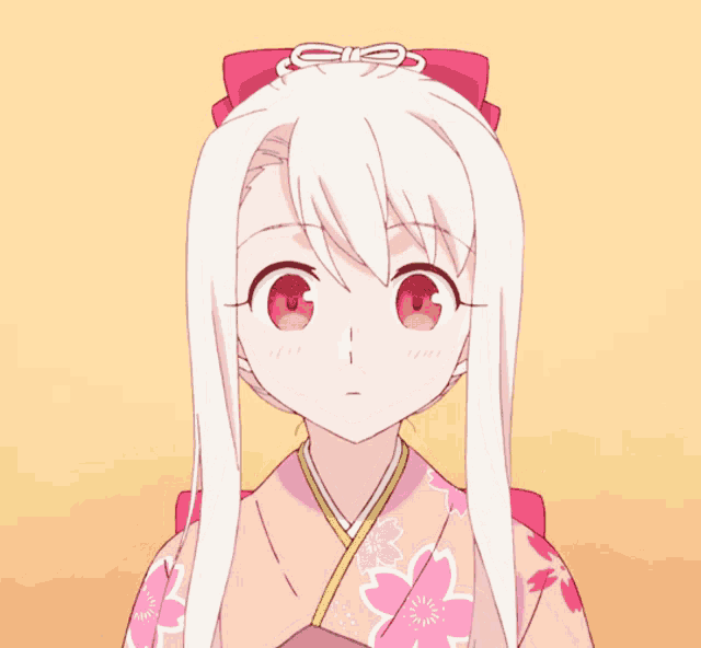 a girl with white hair is wearing a pink kimono