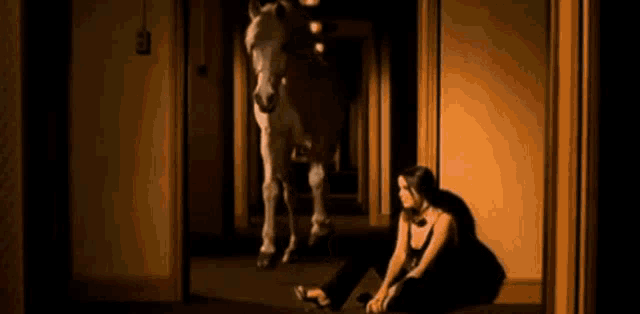 a woman sits on the floor in front of a horse in a hallway .