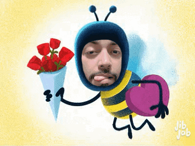 a man dressed as a bee is holding a bouquet of flowers