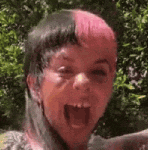 a young girl with pink and black hair is making a funny face with her mouth open .