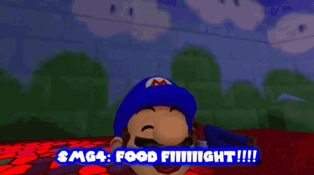 a cartoon character with the words smg4 food fiiiiiiight written below him