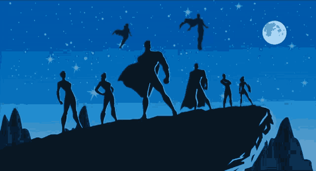 a group of superheros standing on top of a mountain at night