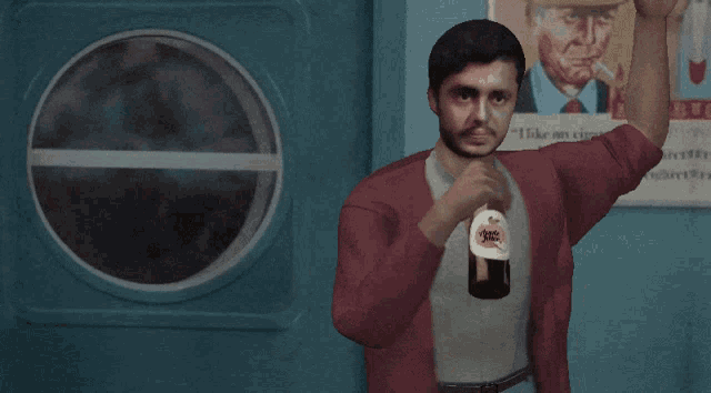 a man drinking a bottle of coca cola in front of a poster that says " i like you "