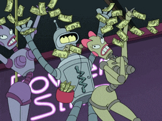 a cartoon of a robot holding a bucket full of money