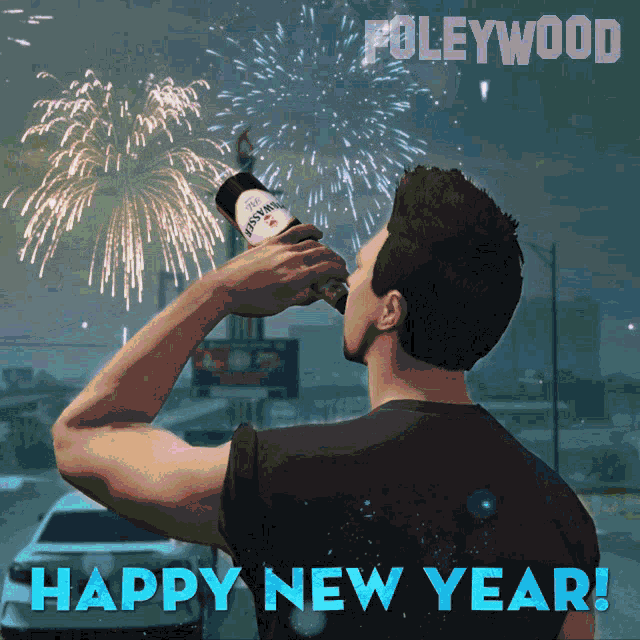 a man drinking from a bottle with fireworks behind him and the words happy new year
