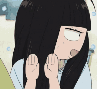 a cartoon girl with long black hair is making a funny face with her hands .