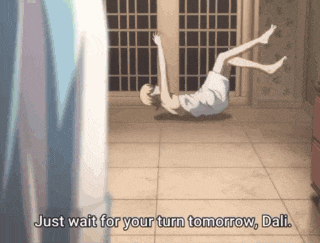 a woman in a towel is laying on the floor with the words just wait for your turn tomorrow dali