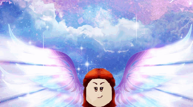 a cartoon character with red hair and white wings against a cloudy sky