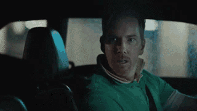 a man in a green polo shirt is driving a car