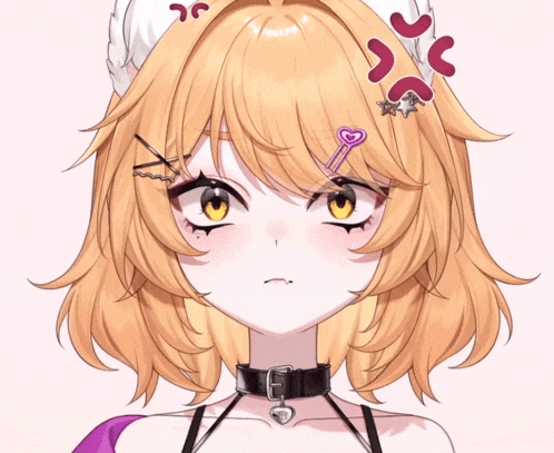 a close up of a girl 's face with a collar and a key in her hair