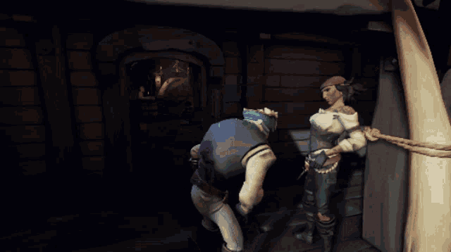 a man and a woman are standing in a dark room