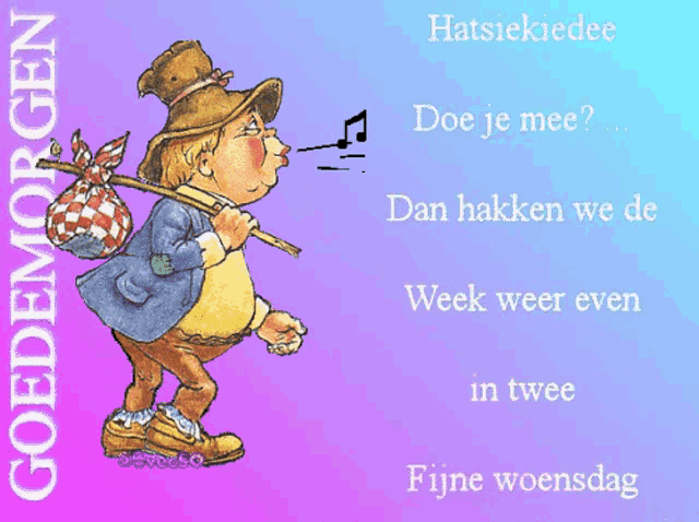 a cartoon of a man carrying a bag on his back with the words " goedemorgen " on the bottom