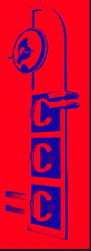 a red and blue drawing of a machine with the letters cc on it