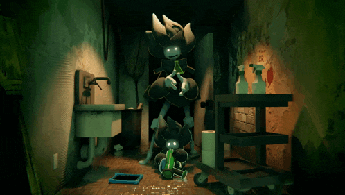 a dark room with a mop and a cleaning cart